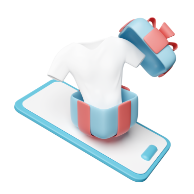 Açık hediye kutusunda tişörtü olan akıllı telefon. çevrimiçi alışveriş kavramı, 3D resimleme