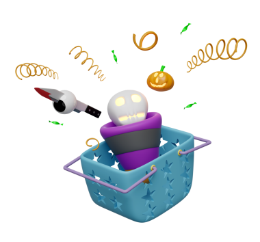 Cadılar bayramı partisinde sepet, patlayan maytap, oyulmuş balkabağı, kafatası, bıçak, göz küresi izole edilmiş. pazarlama promosyon primleri konsepti, 3D resimleme