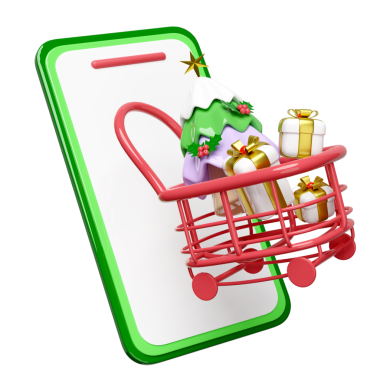 3D cep telefonu, alışveriş arabalı akıllı telefon Noel ağacı, hediye kutusu. Mutlu Noeller ve mutlu yıllar, online alışveriş, 3D çizim