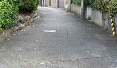 Japonya 'da yeşil çalılar, taş duvarlar ve elektrik direkleri olan dar bir asfalt yerleşim yeri. Rögar kapağı ve kıvrımlı kaldırımlı kaldırım yolu olan sessiz bir arka sokak manzarası.
