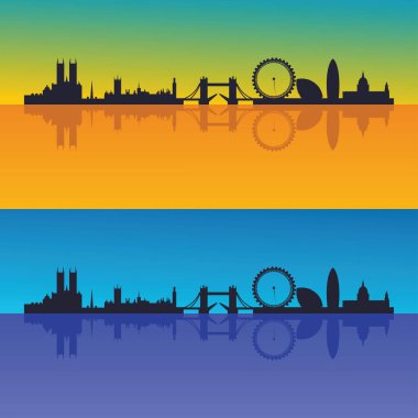 Londra şehrinin ufuk çizgisi vektör illüstrasyonu sabah ve akşam versiyonları