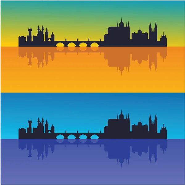 Prague City Skyline Vector Illustration Morning Evening Versions — Stock Vector