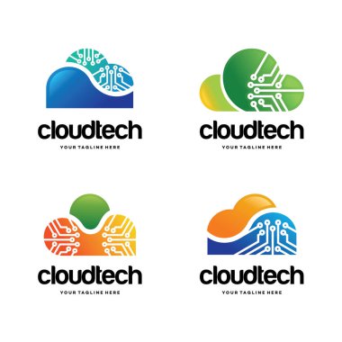 Beyaz arkaplanlı bulut teknolojisi logo tasarım şablonu koleksiyonu
