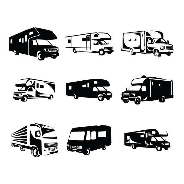 Sammlung Von Lkw Wohnmobil Silhouette Vektor Illustration Mit Weißem Hintergrund — Stockvektor