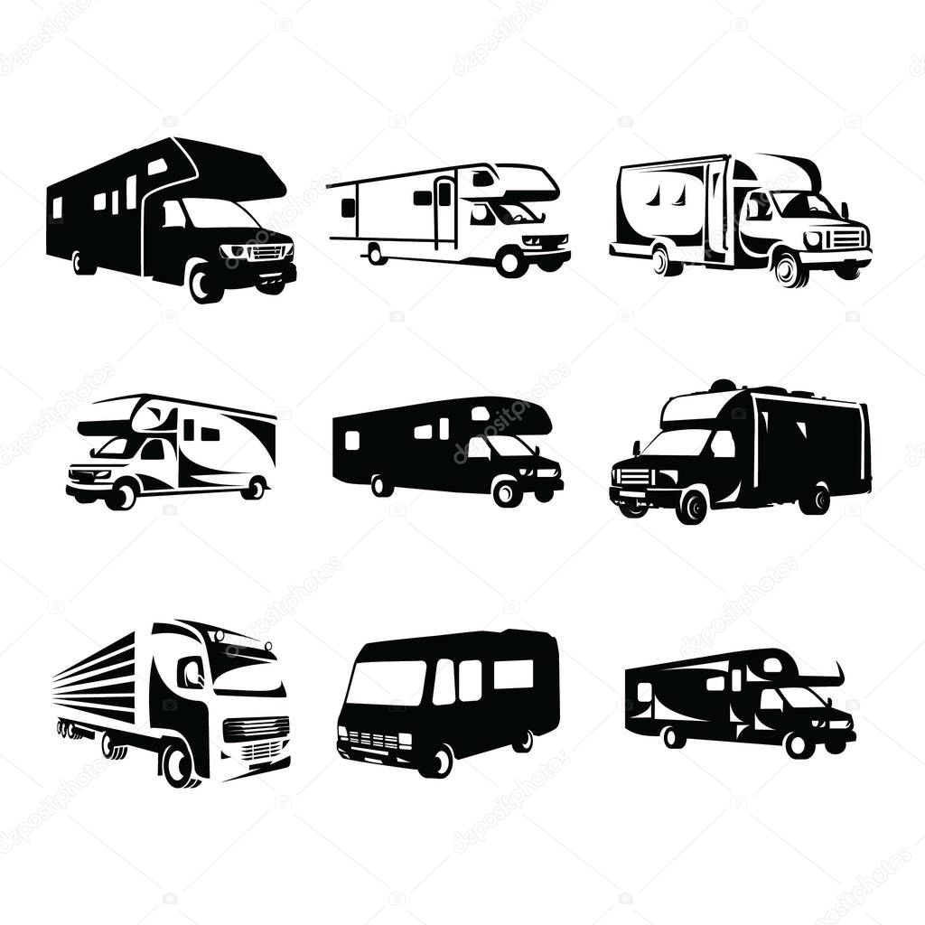 collection of truck RV car silhouette vector illustration with white background