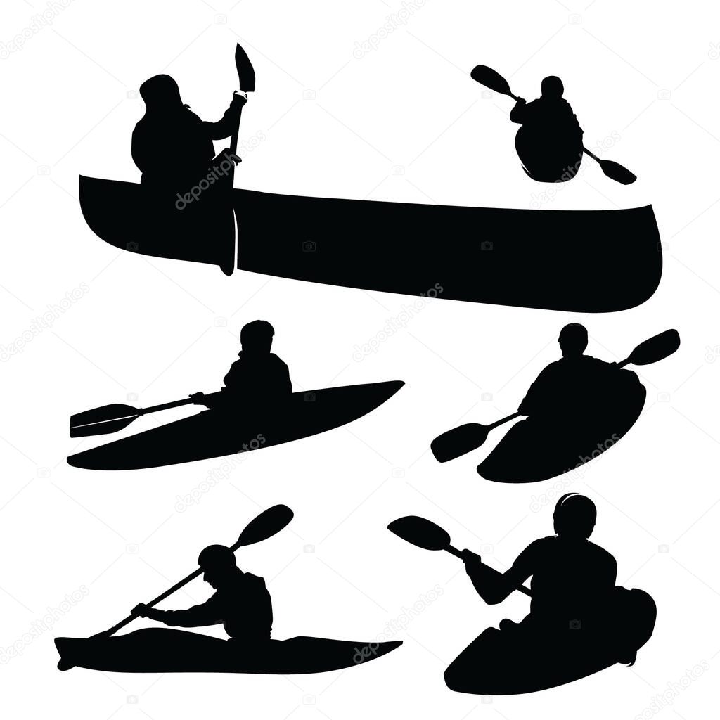 Collection of canoe kayaking silhouette vector illustration with white background
