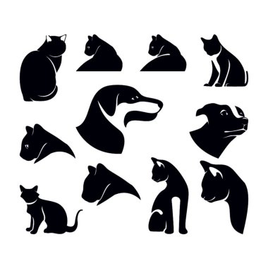 Beyaz Arkaplanlı Kedi ve Köpek Silueti Vektör İllüstrasyonu