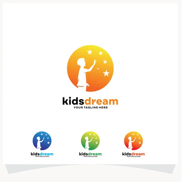 Bambini Sogno Raggiungendo Stelle Logo Disegno Modello Vettoriale Illustrazione — Vettoriale Stock