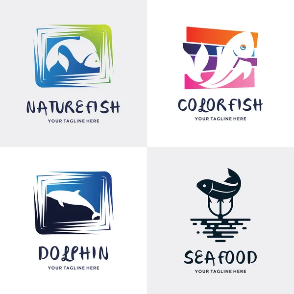 Colección Plantilla Diseño Conjunto Logotipo Pescado — Vector de stock