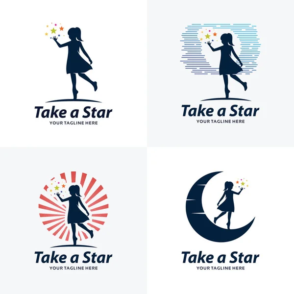 Sammlung Von Kids Touching Stars Logo Design Template Mit Weißem — Stockvektor