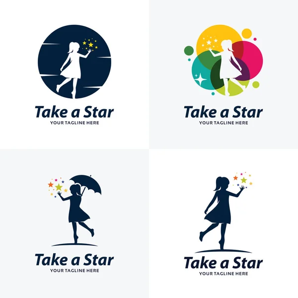 Sammlung Von Kids Touching Stars Logo Design Template Mit Weißem — Stockvektor