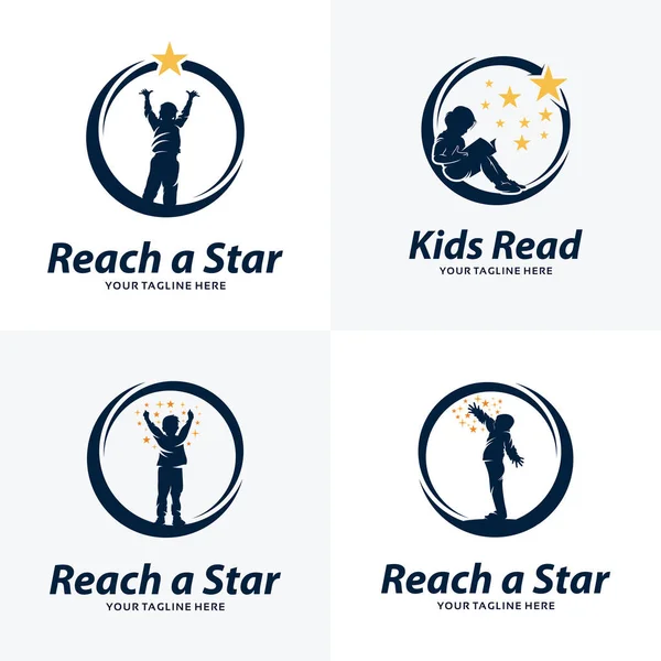 Collezione Kids Touching Stars Logo Design Template Con Sfondo Bianco — Vettoriale Stock