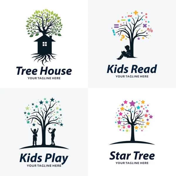 Collection Tree Kids Learning Logo Design Template White Background 스톡 벡터