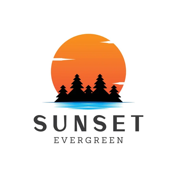 Sunset Evergreen Logo Design Sjabloon Met Witte Achtergrond Rechtenvrije Stockvectors