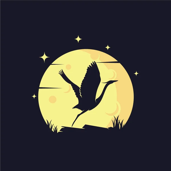 Reiher Mit Gelbem Mond Hintergrund Logo Vorlage Mit Dunklem Hintergrund — Stockvektor