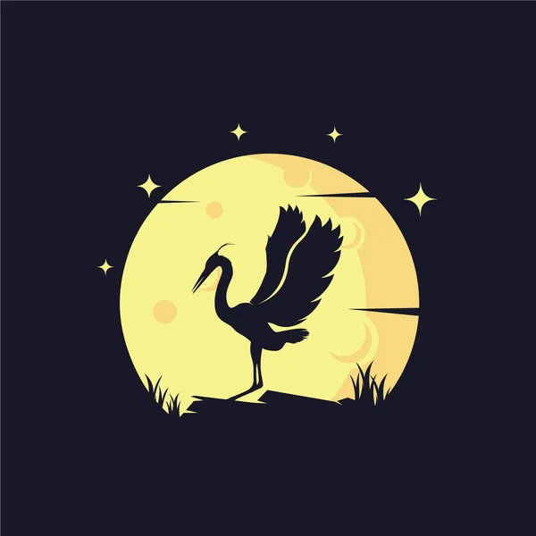 Heron Žlutým Měsícem Pozadí Šablony Loga Tmavým Pozadím — Stockový vektor