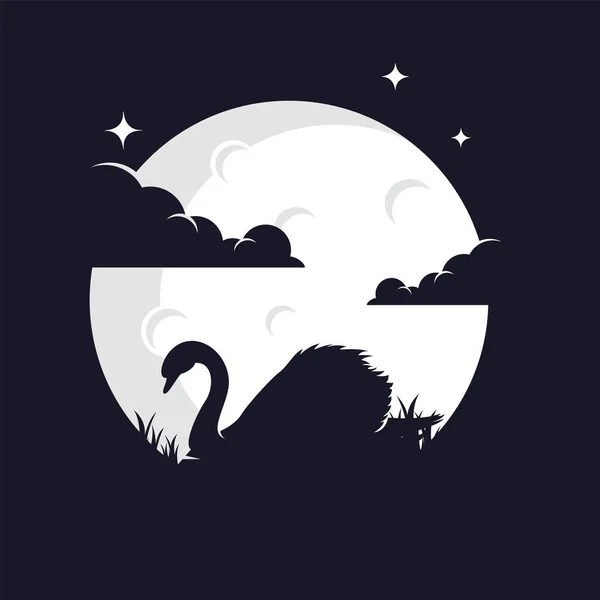 Silueta Cisne Con Fondo Lunar Logo Plantilla Con Fondo Oscuro — Vector de stock