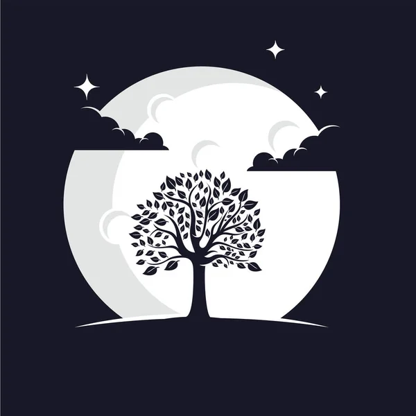 Σκιαγραφία Δέντρου Φόντο Σελήνης Πρότυπο Λογότυπο Σκούρο Φόντο — Διανυσματικό Αρχείο
