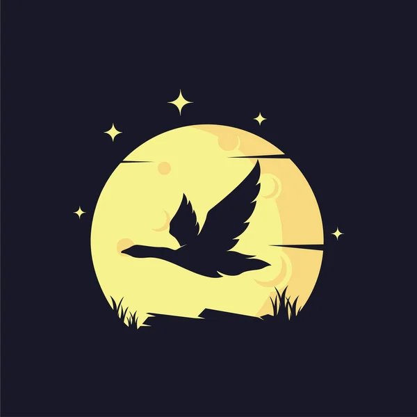 Fliegende Ente Silhouette Mit Mond Hintergrund Logo Design Vorlagen Mit — Stockvektor