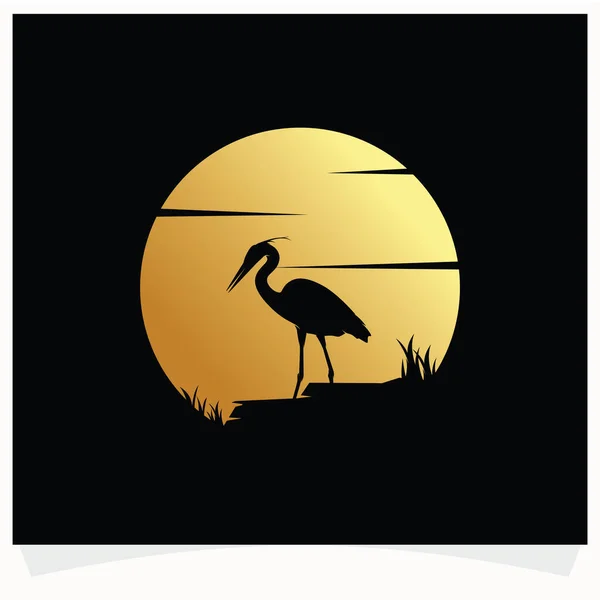 Heron Silhouette Com Fundo Lua Logo Design Template Com Fundo — Vetor de Stock