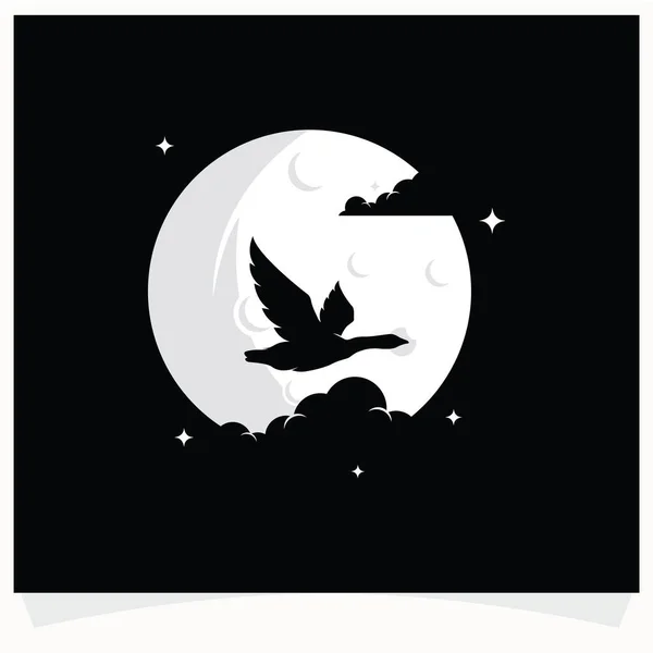 Flying Duck Σιλουέτα Φόντο Σελήνης Πρότυπο Σχεδιασμός Logo Σκούρο Φόντο — Διανυσματικό Αρχείο