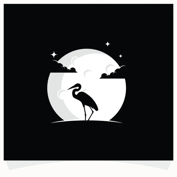 Heron Sylwetka Księżycowym Tle Logo Design Szablon Ciemnym Tle — Wektor stockowy