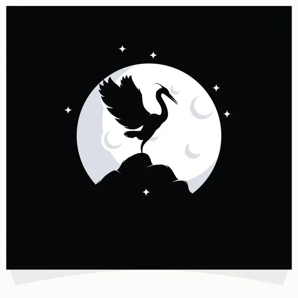 Heron Sylwetka Księżycowym Tle Logo Design Szablon Ciemnym Tle — Wektor stockowy