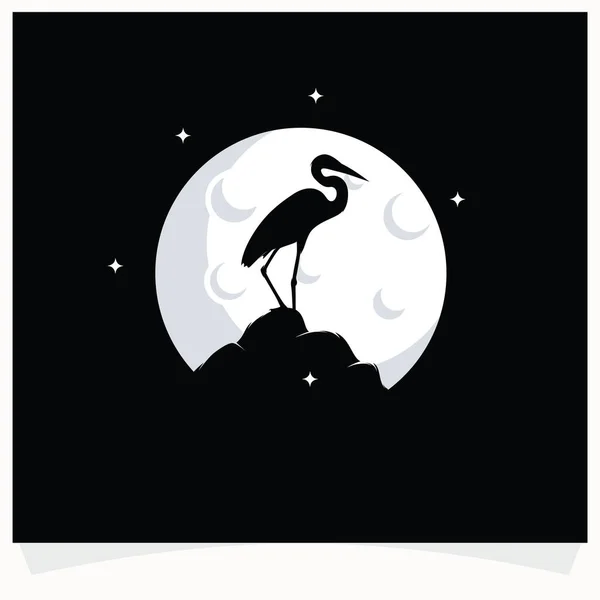 Heron Silhouet Met Maanachtergrond Logo Design Sjabloon Met Donkere Achtergrond — Stockvector