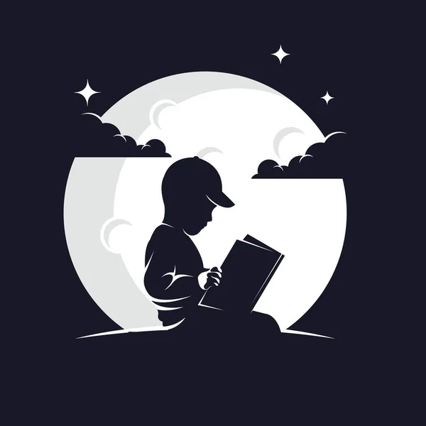 Libro Lectura Para Niños Con Fondo Lunar Logo Design Template — Archivo Imágenes Vectoriales