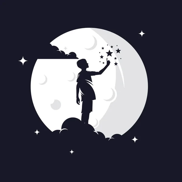 stock vector Kids Reaching Stars with Moon Background Logo Design Template with dark background