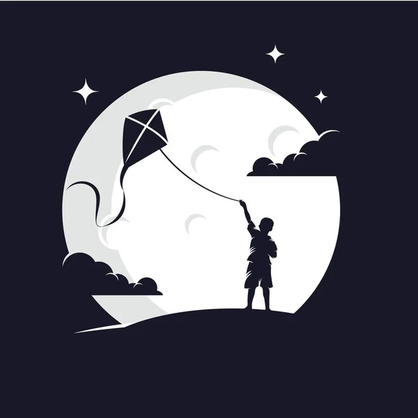 背景が暗い月のロゴデザインテンプレートで凧を遊ぶ子供たち ロイヤリティフリーのストックイラスト