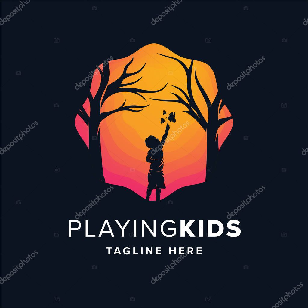 Playing Kids Logo Design Template with dark background