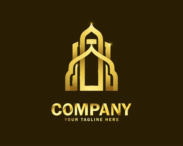 Luxury Gold Islamic Mosque Logo Design Template Dark Background — Stock Vector