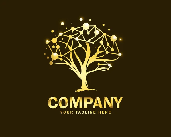 Luxury Gold Tree Tech Logo Design Template Dark Background — Stock Vector