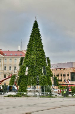 Bir Noel ağacının tepesinde çalışan erkekler, şehir ekipleri bir vinç ile inşaata başlıyorlar, şehri Noel için hazırlıyorlar, Covid veya Coronavirus yüzünden tüm etkinlikler ve piyasa iptal ediliyor,