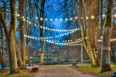 Park ya da bahçe sıcak ampuller, gece ya da gündüz sokak lambaları dekoratif aydınlatma, kutlama, rahat Noel arka planı