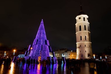 Vilnius, Litvanya - 28 Kasım 2020: Vilnius Katedrali meydanında güzel bir Noel ağacı, Litvanya, Avrupa, Covid veya Coronavirus salgını nedeniyle pazar ve etkinlik yok 