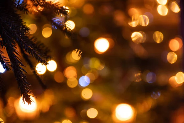 Абстрактный Фон Желтый Боке Огни Ветви Елки Зимой Рождественский Фон — стоковое фото