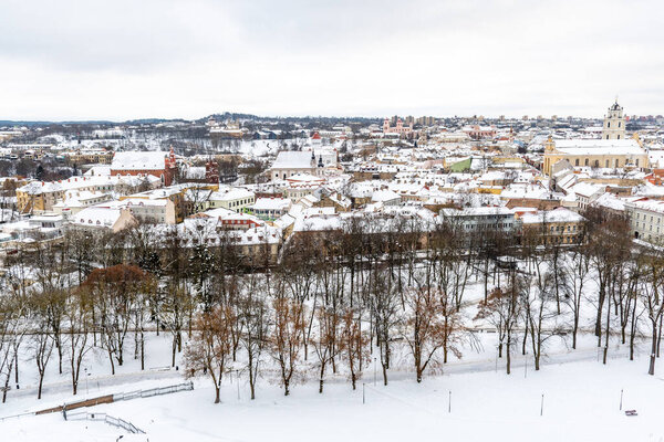 Aerial view of Vilnius old town, capital of Lithuania in winter day with snow