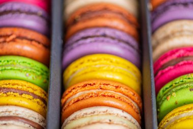 Bir hediye kutusundaki çeşitli renkli badem kurabiyeleri veya Fransız kurabiyeleri, yumurta beyazı, krema şekeri, granüllü şeker, badem yemeği ve gıda boyasıyla yapılan tatlı krema bazlı şekerlemeler, yakın plan.