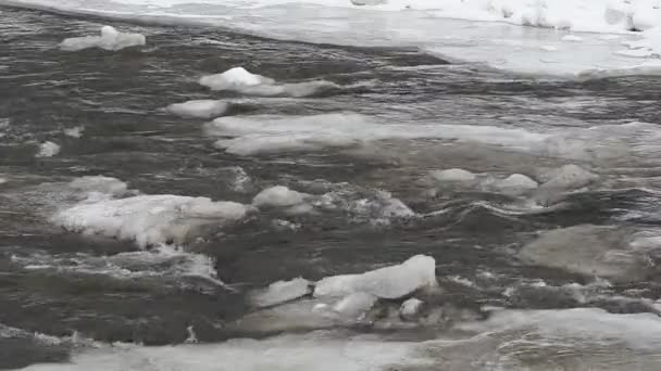 Zimą Zamarznięta Rzeka Topnienie Śniegu Lodu Słońcu Płynący Strumień Naturalny — Wideo stockowe