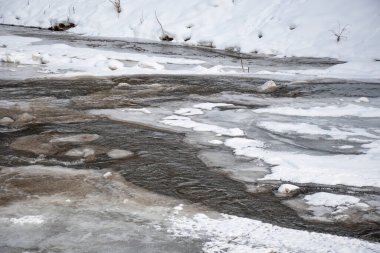 Kışın donmuş nehir, eriyen kar ve buz, akan akarsu, doğa arka planı
