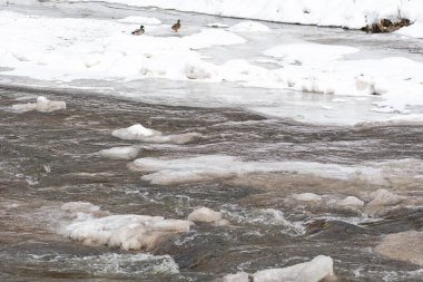 Kışın donmuş nehir, eriyen kar ve buz, akan akarsu, doğa arka planı