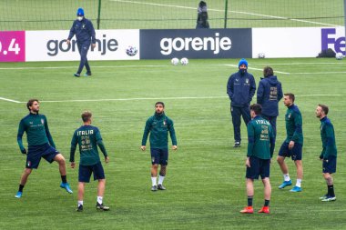 Vilnius, Litvanya - 30 Mart 2021: Litvanya - İtalya, Katar 2022 Dünya Kupası ön eleme karşılaşması öncesinde İtalya futbol takımı