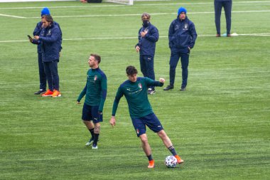 Vilnius, Litvanya - 30 Mart 2021: İtalya ve İç Savunma Bakanı Alessandro Bastoni Litvanya - Katar 2022 Dünya Kupası eleme maçından önce İtalya 