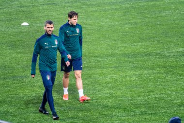 Vilnius, Litvanya - 30 Mart 2021: İtalya ve Juventus oyuncusu Chiesa ve Roman oyuncu Spinazzola Litvanya - İtalya, Katar 2022 Dünya Kupası ön eleme karşılaşması