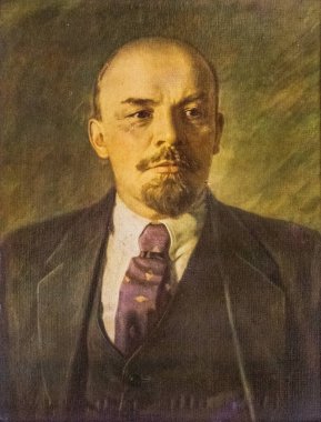 Druskininkai, Litvanya - Mayıs 12021: Lenin eski yağlı boya tablosu, Rus devrimci, politikacı ve siyasetçi, Sovyetler Birliği Halk Komiserleri Konseyi Başkanı, dikey 
