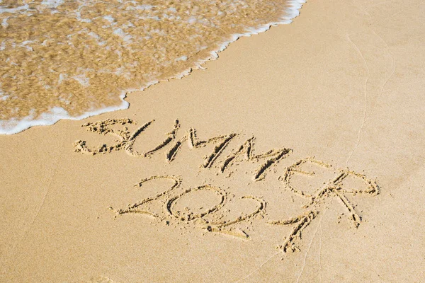 Summer 2021 Written Sand Beach Wave Washing Erasing Canceling Coronavirus — Stock Photo, Image