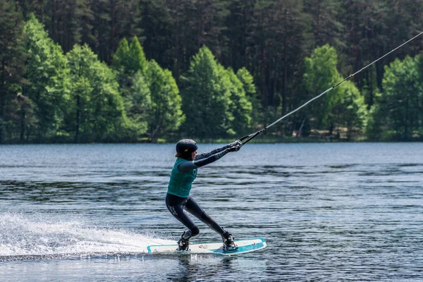 Vilnius Lithuania June 2021 Girl Helmet Life Vest Rides Wakeboard — Stock Photo, Image