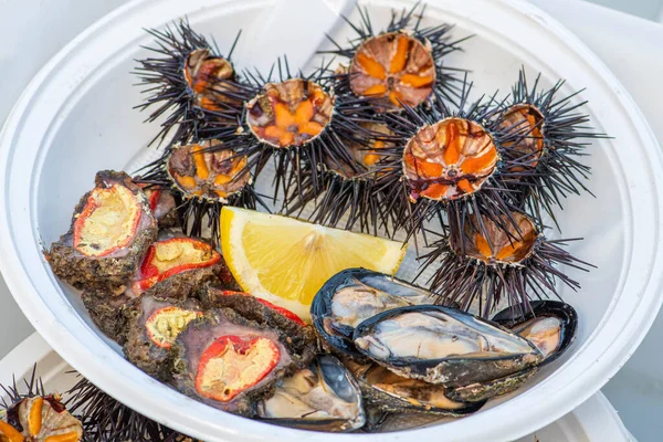 Opened sea urchins with orange eggs, mussels and raw microcosmus sabatieri, grooved sea squirt, truffle, lemon or egg sea, fig, sponge ready to eat in a plate in a fish market, sea fruits, sushi